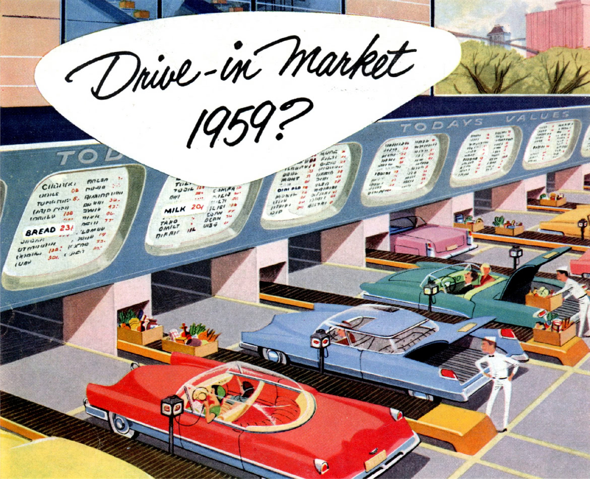 Винтажная американская открытка drive-in market