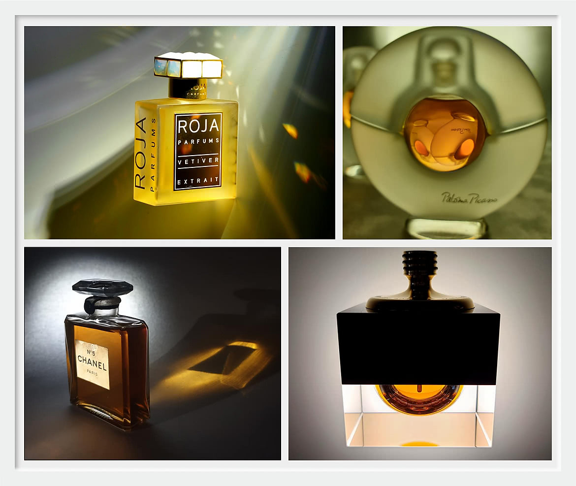 На фото духи: Roja, Paloma Picasso, Chanel №5, Nabucco. Фотограф — Дмитрий Милютин Roja Parfumes Paloma Picasso Chanel №5 Nabucco Parfum Fin